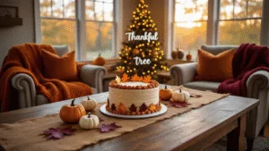 A cozy living room during golden hour, featuring a wooden dining table with a pumpkin spice birthday cake, mini white pumpkins, and burgundy maple leaves, surrounded by plush armchairs with chunky knit throws, and a 'Thankful Tree' adorned with fairy lights.