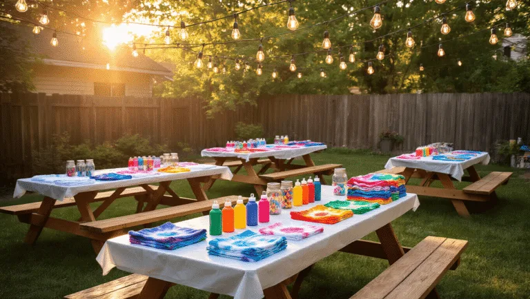 A vibrant backyard tie-dye party setup during golden hour, featuring picnic tables with dye supplies, colorful t-shirts, and hanging Edison lights, creating a festive atmosphere.