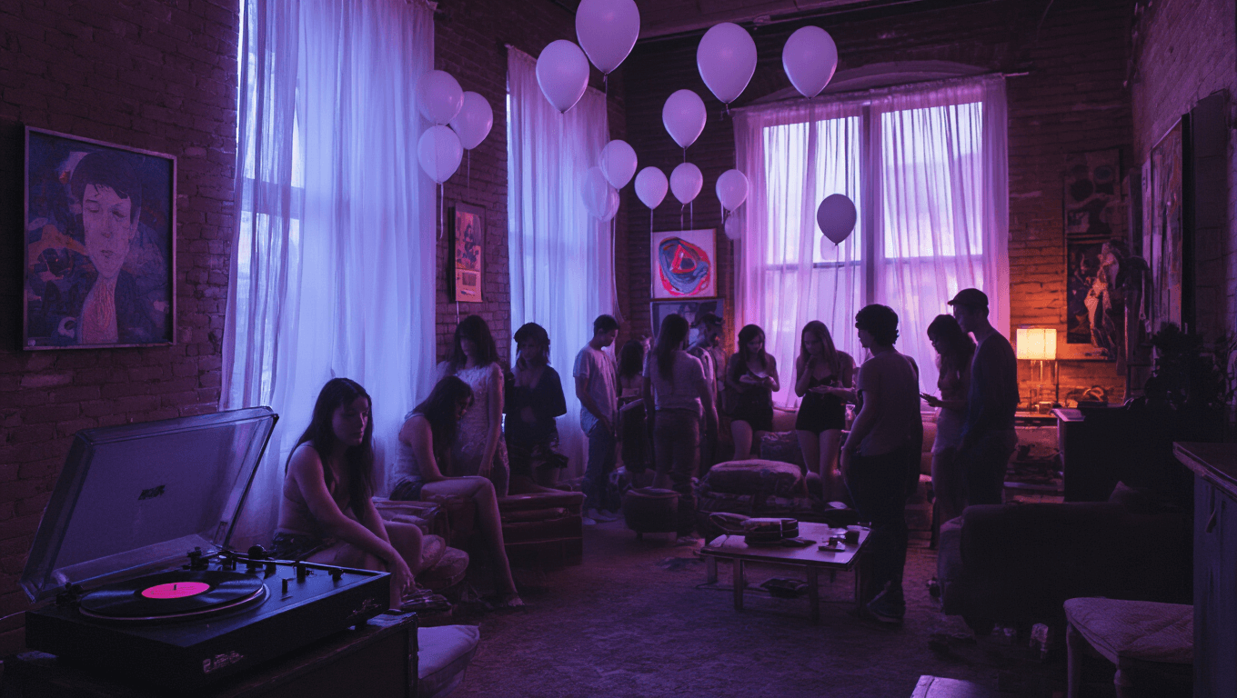 A dimly lit Toronto house party scene at dusk, featuring a vintage record player, white balloons, and diverse young partygoers in a moody atmosphere, illuminated by soft purple light and neon accents, with the skyline visible through large windows.