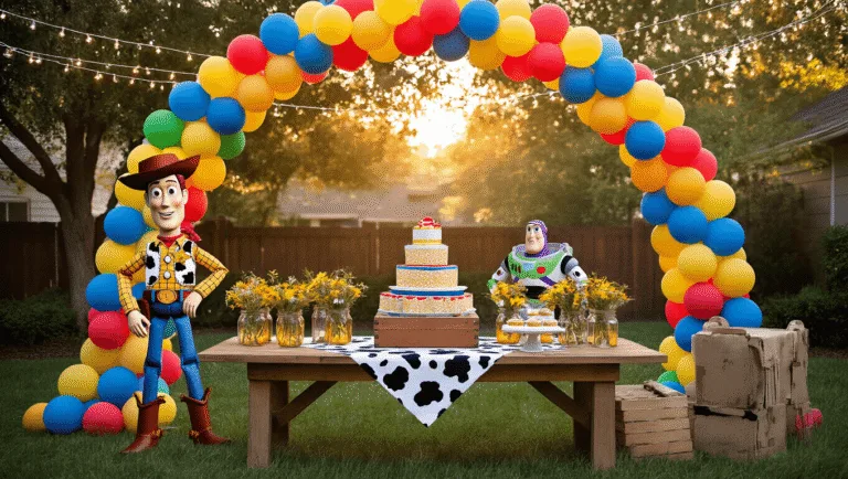 A sunlit backyard transformed into Andy's room for a Toy Story party, featuring a balloon arch, a dessert table styled like a toy chest, life-sized Woody and Buzz cutouts, string lights, an elaborate dessert spread, craft stations for making Forky, and a "To Infinity and Beyond" banner against a cloud-painted backdrop.