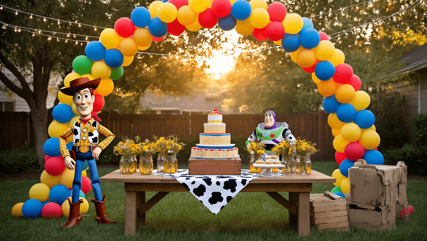 A sunlit backyard transformed into Andy's room for a Toy Story party, featuring a balloon arch, a dessert table styled like a toy chest, life-sized Woody and Buzz cutouts, string lights, an elaborate dessert spread, craft stations for making Forky, and a "To Infinity and Beyond" banner against a cloud-painted backdrop.