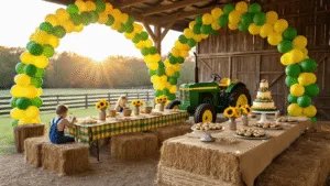 Photorealistic interior of a rustic barn decorated for a children's birthday party, with golden hour sunlight highlighting green and yellow balloon arches, farmhouse tables with tractor-print tablecloths, mason jar sunflowers, hay bale seating, a dessert table featuring a tractor-shaped cake, and children in overalls playing a game on a tractor backdrop, all captured in soft bokeh and warm lighting.