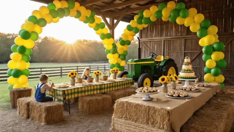 Photorealistic interior of a rustic barn decorated for a children's birthday party, with golden hour sunlight highlighting green and yellow balloon arches, farmhouse tables with tractor-print tablecloths, mason jar sunflowers, hay bale seating, a dessert table featuring a tractor-shaped cake, and children in overalls playing a game on a tractor backdrop, all captured in soft bokeh and warm lighting.