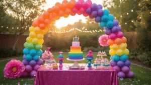 A Rainbow of Fun: Throwing the Ultimate Trolls Birthday Party A vibrant backyard birthday party setup featuring a large rainbow balloon arch, a pink sequin dessert table with a three-tiered rainbow cake and Trolls figurines, oversized tissue flowers, character-themed cupcakes, and a DIY photo booth with a colorful streamer backdrop, all illuminated by warm string lights.