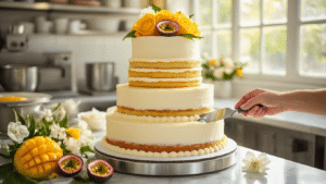 Mango Passionfruit Wedding Cake: A Tropical Celebration of Flavor A three-tiered white wedding cake with mango-passionfruit jam filling being frosted in a sunlit bakery kitchen, adorned with fresh mango roses, passionfruit halves, and white tropical flowers, captured in photorealistic 8K ultra HD.