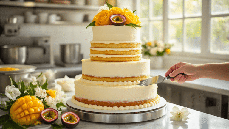 A three-tiered white wedding cake with mango-passionfruit jam filling being frosted in a sunlit bakery kitchen, adorned with fresh mango roses, passionfruit halves, and white tropical flowers, captured in photorealistic 8K ultra HD.