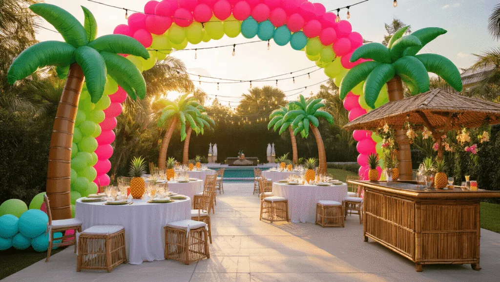 A luxurious tropical backyard party setup featuring a colorful balloon arch, inflatable palm trees, elegantly dressed tables, a tiki bar, and fairy lights, all captured at golden hour.