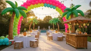 A luxurious tropical backyard party setup featuring a colorful balloon arch, inflatable palm trees, elegantly dressed tables, a tiki bar, and fairy lights, all captured at golden hour.