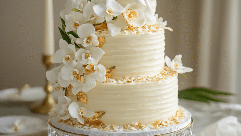 A luxurious three-tiered pineapple coconut wedding cake decorated with pearl-white cream cheese frosting, edible gold leaf, fresh white orchids, and crystallized pineapple flowers, presented on a polished silver cake stand against a softly blurred tropical sunset backdrop.