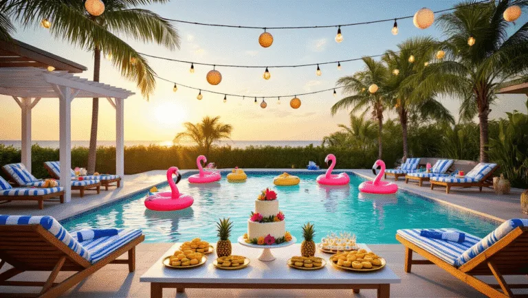 Luxurious tropical poolside birthday party at sunset, featuring crystal-clear water, vibrant floats, teak lounge chairs, a white pergola with fairy lights, a dessert table with a coconut cake and pineapple cookies, and palm trees casting shadows.