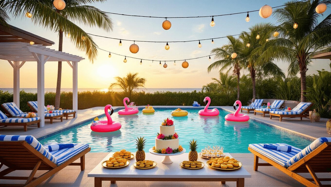 Luxurious tropical poolside birthday party at sunset, featuring crystal-clear water, vibrant floats, teak lounge chairs, a white pergola with fairy lights, a dessert table with a coconut cake and pineapple cookies, and palm trees casting shadows.