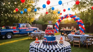A vibrant outdoor truck-themed birthday party setup in a spacious backyard during golden hour, featuring checkered tablecloths, vintage toy trucks, balloon arches, a truck-shaped cake, and an obstacle course with traffic cones and painted cardboard buildings, all bathed in warm natural light.