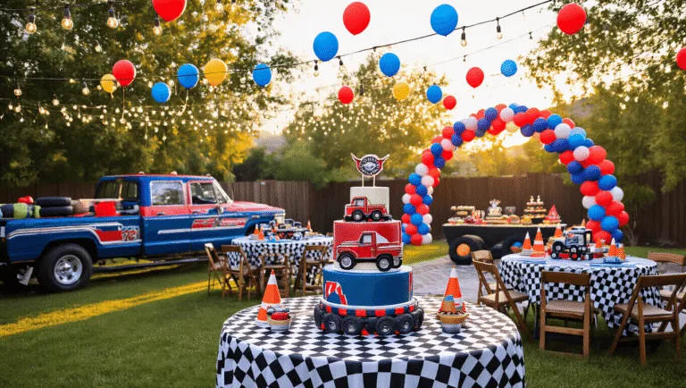 A vibrant outdoor truck-themed birthday party setup in a spacious backyard during golden hour, featuring checkered tablecloths, vintage toy trucks, balloon arches, a truck-shaped cake, and an obstacle course with traffic cones and painted cardboard buildings, all bathed in warm natural light.