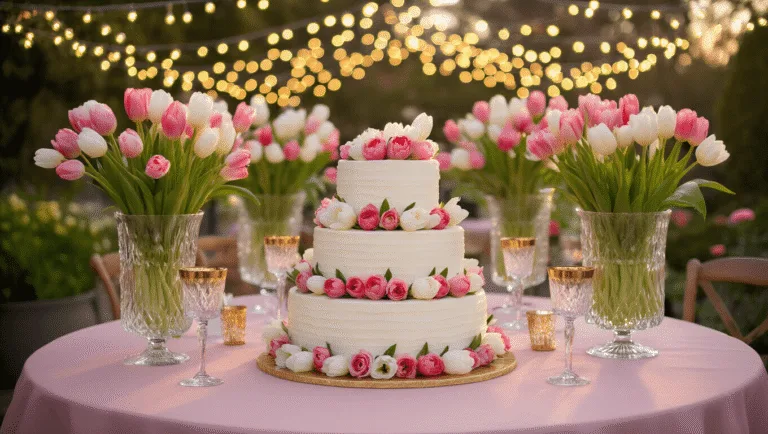 A wide shot of an enchanted garden terrace birthday celebration at golden hour, featuring blush pink tables with crystal vases of tulips, fairy lights overhead, and an ornate white birthday cake adorned with fresh tulips, set against a backdrop of manicured topiaries and climbing roses.
