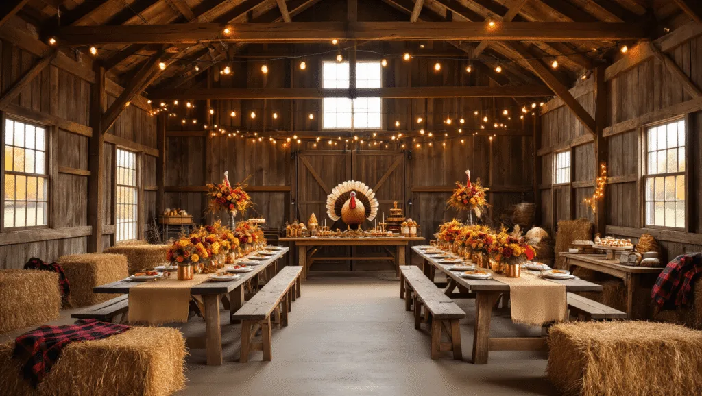 Cinematic wide-angle view of a rustic barn birthday party decorated for a turkey theme, featuring long tables with autumn floral arrangements, fairy lights, cozy hay bale seating, a turkey-shaped cake, and festive balloon arrangements in warm fall colors.