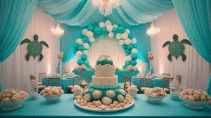 A whimsical underwater-themed birthday celebration in a ballroom featuring a turtle shell cake, coral centerpieces, and soft blue uplighting, with draped teal fabric and a grand balloon arch.
