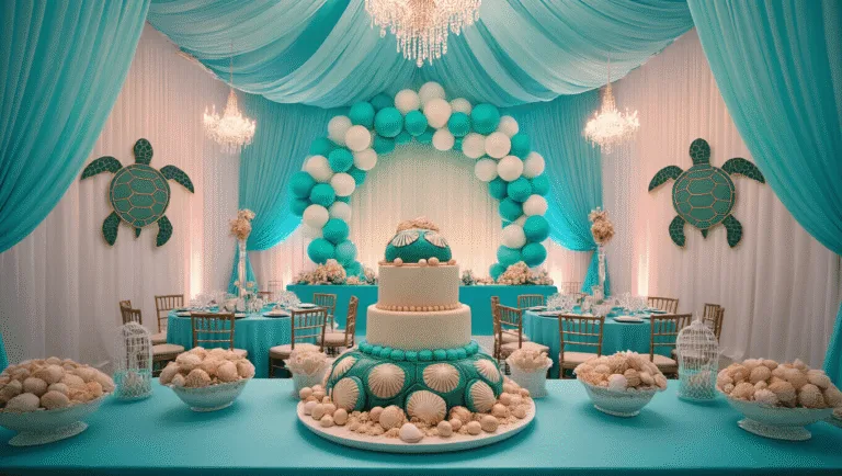 A whimsical underwater-themed birthday celebration in a ballroom featuring a turtle shell cake, coral centerpieces, and soft blue uplighting, with draped teal fabric and a grand balloon arch.