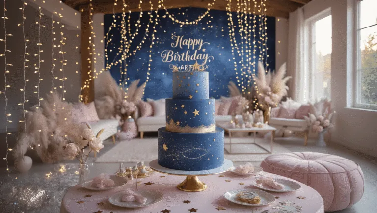 A dreamy birthday party setup in a celestial-themed modern living room, featuring cascading fairy lights, an ornate dessert table with a constellation backdrop, a hand-painted 3-tier cake, soft tulle drapery, and star-shaped balloons, all illuminated by golden hour lighting for a magical atmosphere.
