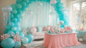 A whimsical underwater birthday party scene featuring an ombré balloon arch, flowing aqua drapes, handcrafted jellyfish lanterns, and a centerpiece table with a coral-pink tablecloth, adorned with seashells and DIY coral sculptures, all illuminated by soft golden hour lighting. A stunning 3-tier ombré blue cake decorated with fondant seahorses and edible gold details serves as the focal point.