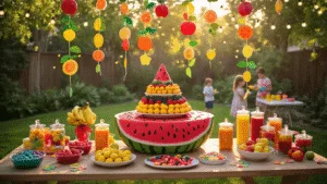 A whimsical backyard birthday party setting during golden hour, featuring a giant watermelon-shaped cake, vibrant fruit displays, and colorful activity stations, illuminated by string lights and decorated with fruit-shaped balloons and a rose gold "One in a Melon" banner.