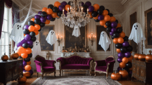 A luxurious Victorian parlor decorated for Halloween, featuring an elaborate balloon arch in deep purple, metallic orange, and black latex balloons, a crystal chandelier draped with cobwebs, floating ghost-shaped white balloons, velvet chaise lounges, metallic pumpkin-shaped foil balloons, and bat-shaped balloons, all illuminated by vintage brass candelabras under dramatic chiaroscuro lighting.
