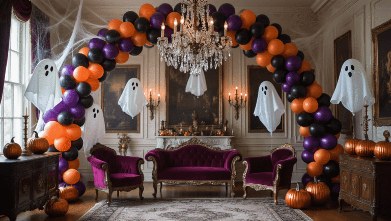A luxurious Victorian parlor decorated for Halloween, featuring an elaborate balloon arch in deep purple, metallic orange, and black latex balloons, a crystal chandelier draped with cobwebs, floating ghost-shaped white balloons, velvet chaise lounges, metallic pumpkin-shaped foil balloons, and bat-shaped balloons, all illuminated by vintage brass candelabras under dramatic chiaroscuro lighting.