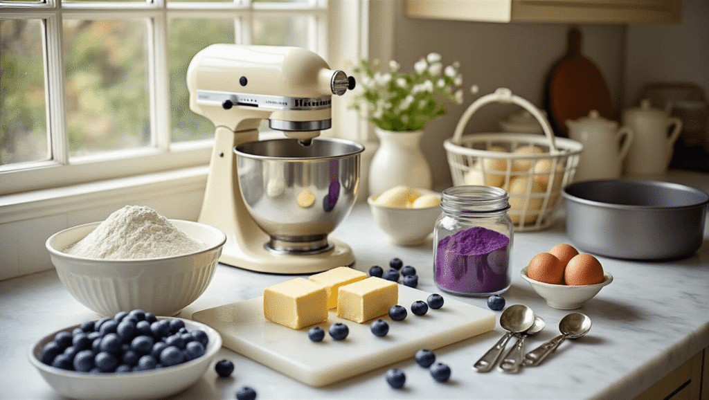 A vintage cream-colored stand mixer surrounded by artfully arranged baking ingredients, including sifted flour, room-temperature butter, fresh eggs, and vibrant purple blueberry powder, all set on a clean marble countertop illuminated by soft natural light.