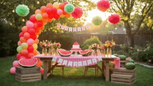 One in a Melon: Throwing the Ultimate Watermelon Birthday Bash A vibrant backyard birthday party setup featuring a grand ombré balloon arch, a pink gingham table dressed with mason jar centerpieces and fresh watermelon slices, a whimsical dessert station with a watermelon-shaped cake, and children playing near a watermelon piñata, all illuminated by soft golden hour lighting.