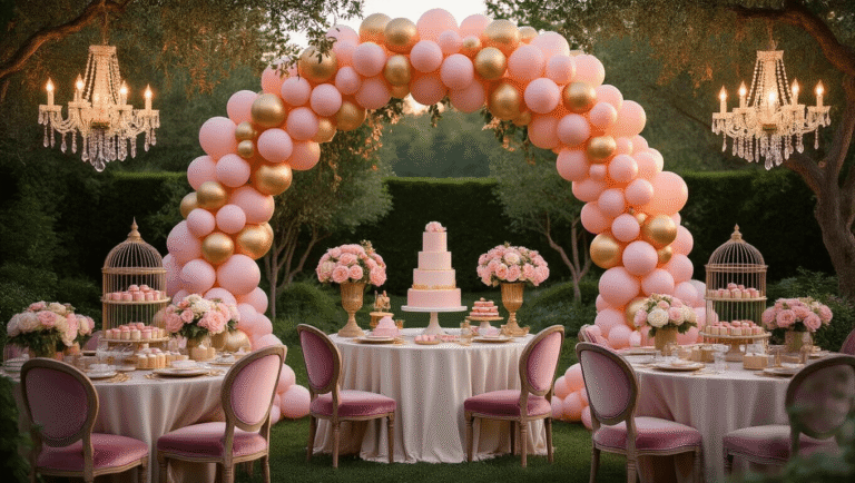 A dreamy garden party at dusk featuring a grand ombre balloon arch, vintage birdcage centerpieces with peonies and garden roses, crystal chandeliers, a dessert cart with tiered macarons, plush dusty rose chairs, and twinkling fairy lights, all captured in soft bokeh and warm atmospheric lighting.