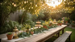 A whimsical backyard garden birthday party scene at golden hour, featuring a rustic wooden table adorned with a botanical runner, vintage lanterns, and vibrant succulents, under a magical canopy of Edison bulbs.
