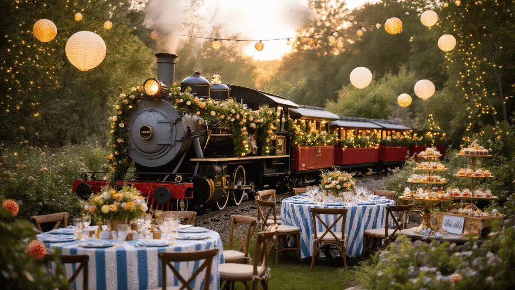 A hyperrealistic photograph of a whimsical garden party featuring a vintage steam engine backdrop, adorned with fairy lights, blue and white striped tables, and miniature train car centerpieces filled with wildflowers, all illuminated by warm golden hour lighting.