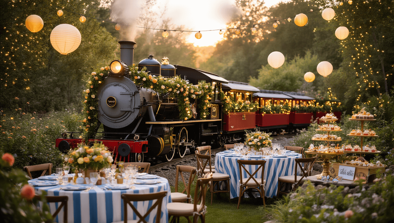 A hyperrealistic photograph of a whimsical garden party featuring a vintage steam engine backdrop, adorned with fairy lights, blue and white striped tables, and miniature train car centerpieces filled with wildflowers, all illuminated by warm golden hour lighting.