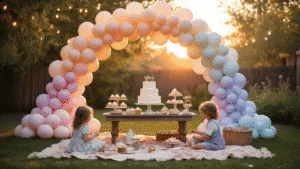 A whimsical backyard birthday celebration at golden hour features a pastel ombré balloon arch, vintage dessert table with a buttercream cake, fairy lights, and children playing on a picnic blanket, all captured in 8K ultra HD with warm, atmospheric lighting.