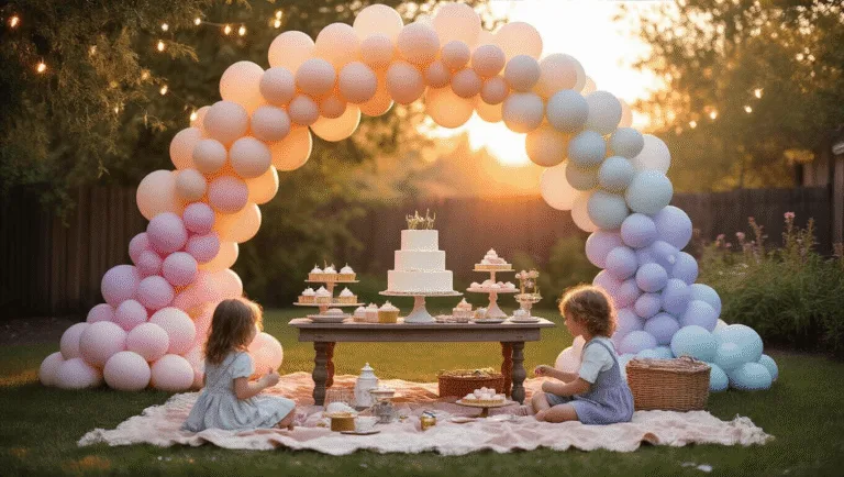 A whimsical backyard birthday celebration at golden hour features a pastel ombré balloon arch, vintage dessert table with a buttercream cake, fairy lights, and children playing on a picnic blanket, all captured in 8K ultra HD with warm, atmospheric lighting.