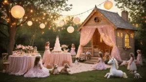 A dreamy backyard playhouse birthday party at golden hour, featuring a wooden playhouse draped in blush pink tulle and twinkling lights, vintage tables with pastel linens, fresh floral centerpieces, a castle-shaped cake, and children in costumes playing under a canopy of string lights and glowing paper lanterns.