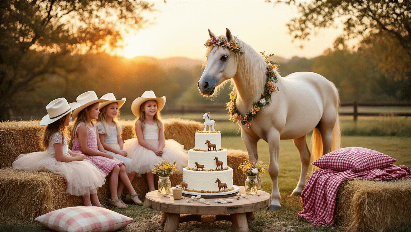 A whimsical backyard party at golden hour featuring a cream-colored pony with a wildflower crown, excited children in cowboy hats and tutus, rustic hay bale seating, a vintage dessert table with a buttercream cake, and decorative string lights creating a magical atmosphere.