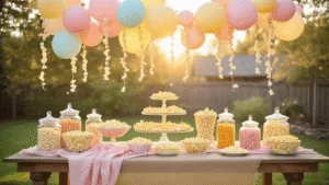 A whimsical backyard popcorn party bar featuring a rustic wooden table adorned with crystal cake stands and apothecary jars filled with colorful popcorn, surrounded by pastel balloons and fairy lights, captured in soft golden hour lighting.