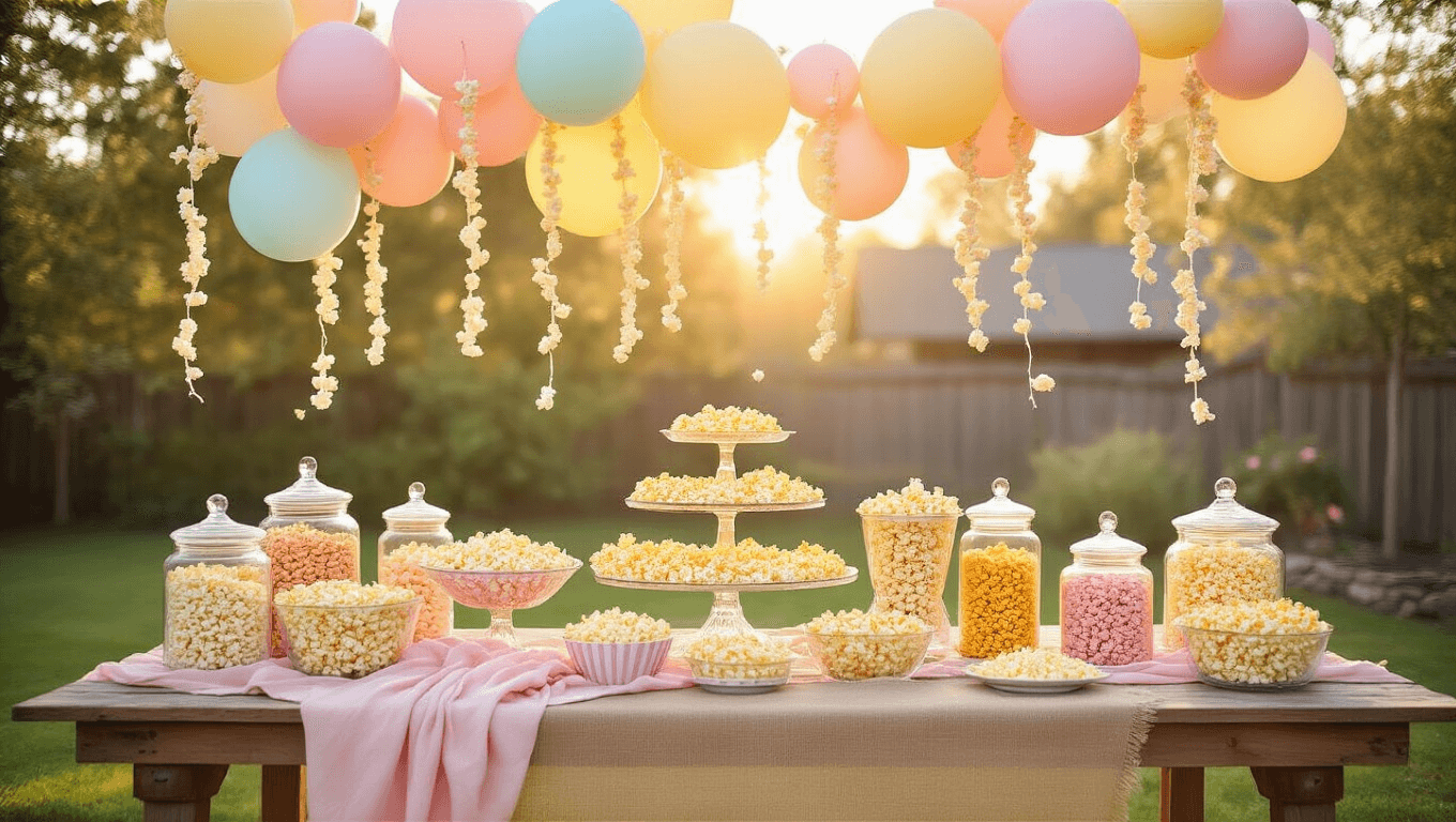 A whimsical backyard popcorn party bar featuring a rustic wooden table adorned with crystal cake stands and apothecary jars filled with colorful popcorn, surrounded by pastel balloons and fairy lights, captured in soft golden hour lighting.