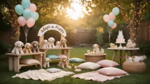 A whimsical backyard birthday party scene featuring an "Adopt-a-Puppy" station with plush puppies, pastel balloons, picnic blankets, and a vintage dessert table, all under warm golden hour lighting.