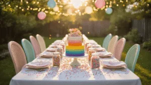 A whimsical backyard celebration scene featuring a long farmhouse table adorned with a white linen tablecloth, colorful sprinkles, and crystal jars. Vintage chairs in pastel shades surround the table, illuminated by warm string lights and lanterns. A dessert cart showcases a 3-tier rainbow cake with buttercream and sprinkles amidst golden hour lighting and engaged guests in the background.