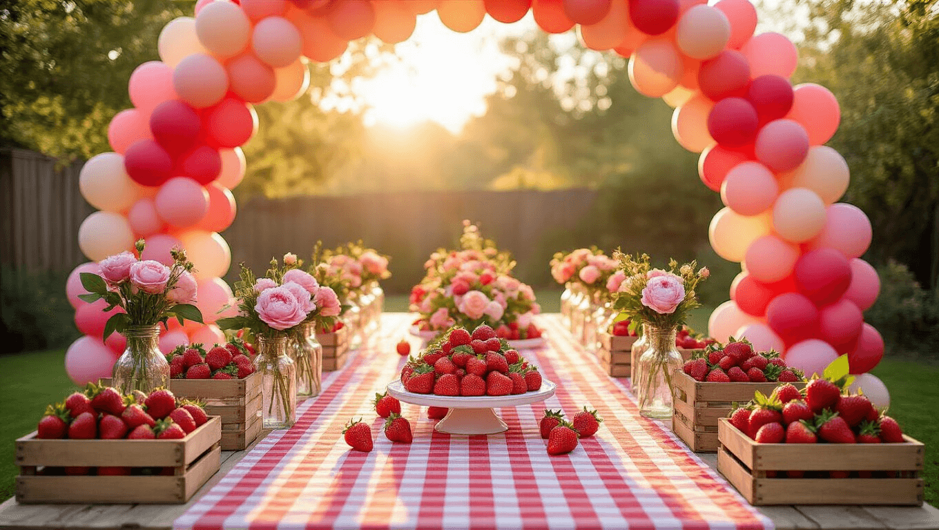 A whimsical backyard party setup featuring a long picnic table with a red and white gingham tablecloth, decorated with vintage milk glass bottles of flowers, a grand balloon arch in pink tones, and rustic wooden crates filled with strawberries, all illuminated by soft fairy lights during golden hour.