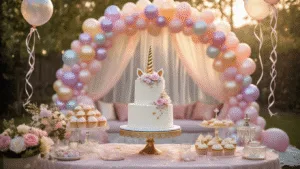 A hyperrealistic photo of a whimsical unicorn birthday party in an enchanted backyard, featuring a pastel balloon arch, shimmering tulle drapes, fairy lights with fresh flowers, a tiered white cake with a gold unicorn horn, and a DIY craft station, all bathed in golden hour lighting.