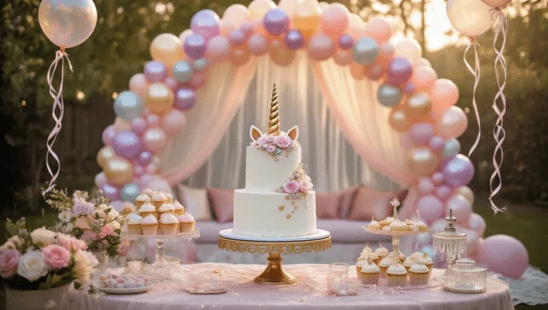 A hyperrealistic photo of a whimsical unicorn birthday party in an enchanted backyard, featuring a pastel balloon arch, shimmering tulle drapes, fairy lights with fresh flowers, a tiered white cake with a gold unicorn horn, and a DIY craft station, all bathed in golden hour lighting.