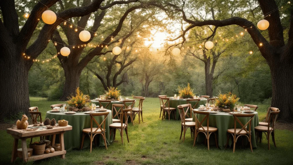 A whimsical woodland-themed backyard birthday party featuring round moss-green tables, cross-back wooden chairs with squirrel tail accents, twinkling lights, a craft station, and woodland treats, all set against a dreamy golden hour backdrop.