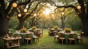 A whimsical woodland-themed backyard birthday party featuring round moss-green tables, cross-back wooden chairs with squirrel tail accents, twinkling lights, a craft station, and woodland treats, all set against a dreamy golden hour backdrop.