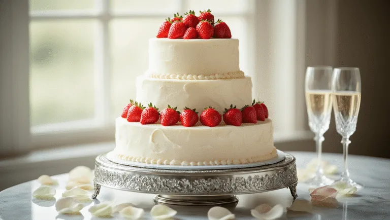 Elegant three-tiered wedding cake with white chocolate buttercream, garnished with fresh strawberries and chocolate curls, displayed on a silver pedestal with rose petals, crystal champagne glasses in a softly lit, marble setting.