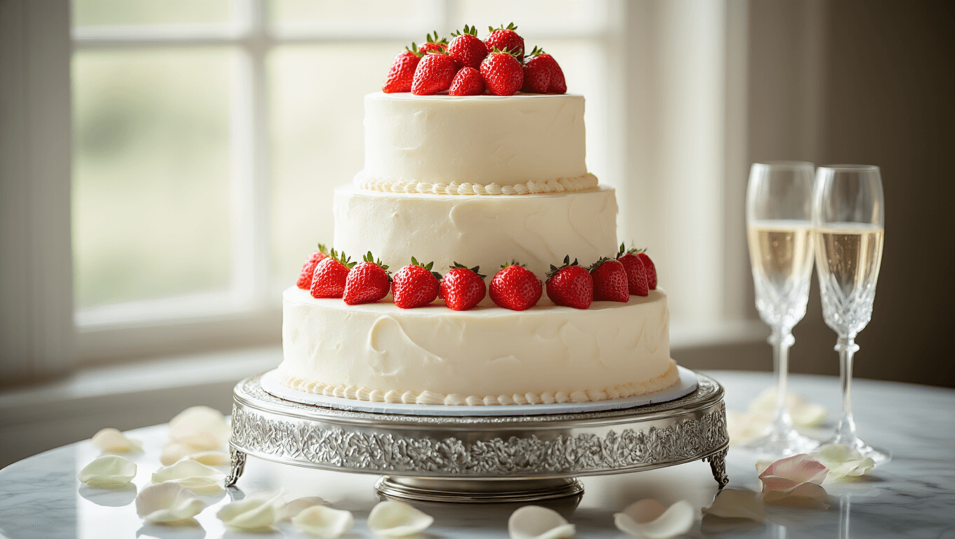 Elegant three-tiered wedding cake with white chocolate buttercream, garnished with fresh strawberries and chocolate curls, displayed on a silver pedestal with rose petals, crystal champagne glasses in a softly lit, marble setting.