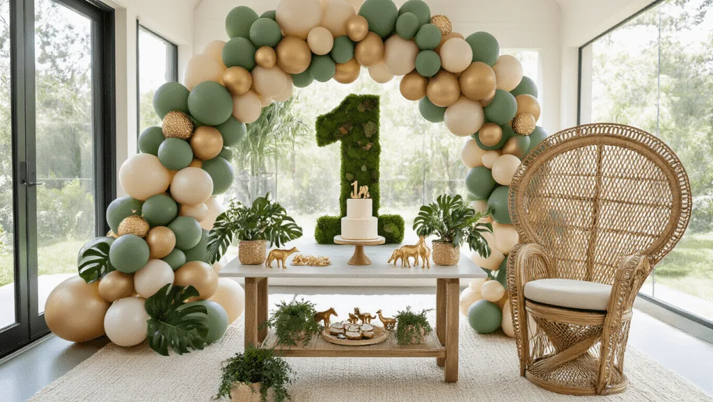 A luxurious jungle-themed birthday party setup featuring a grand balloon arch, a rustic dessert table with a naked cake, and cozy seating areas, all bathed in golden hour lighting.