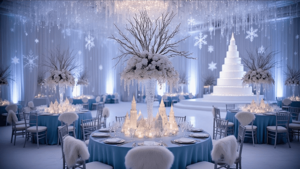 Cinematic wide-angle shot of an opulent winter wonderland ballroom, featuring elegant tables with icy blue silk, crystal centerpieces, silver Chiavari chairs, cascading chandeliers, a grand white cake, and a magical atmosphere created by fairy lights and soft diffused lighting.