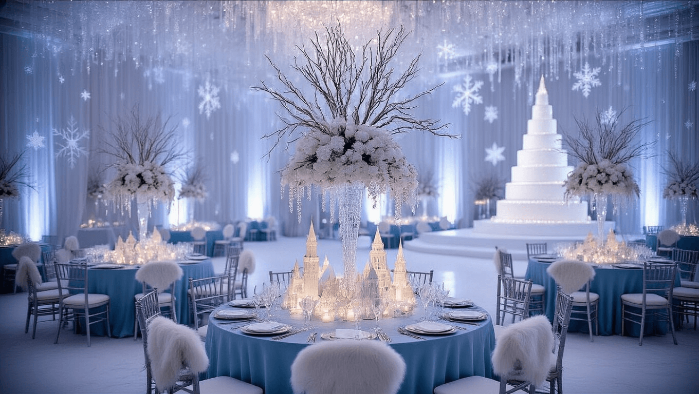 Cinematic wide-angle shot of an opulent winter wonderland ballroom, featuring elegant tables with icy blue silk, crystal centerpieces, silver Chiavari chairs, cascading chandeliers, a grand white cake, and a magical atmosphere created by fairy lights and soft diffused lighting.